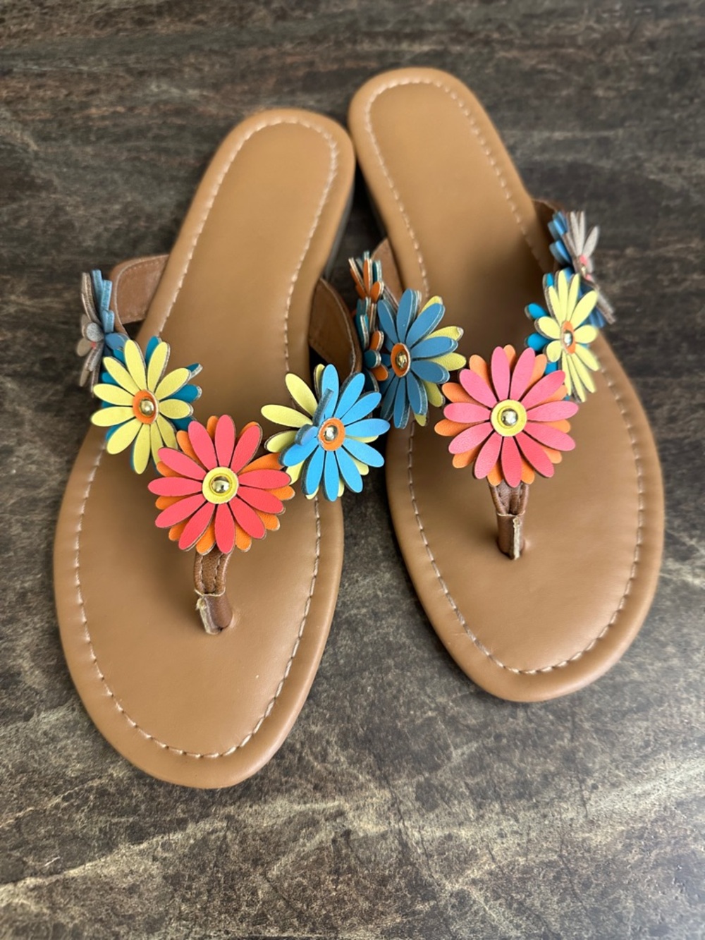 Brown Floral Daisy Thong Sandals with Multicolor Petal Accents
